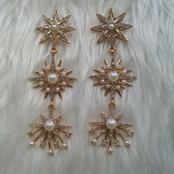 Gold Pearl Crystal Star Burst 3 Tier Drop Earrings - Picture 6 of 11